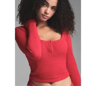 SKIMS NWT Waffle Sleep Long Sleeve Henley Top in Cranberry; Size XS